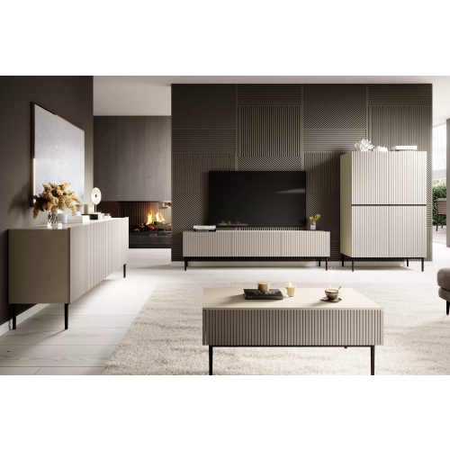 Szafka RTV Nicole 200 cm na metalowych nogach z szufladą - kaszmir / czarne nóżki